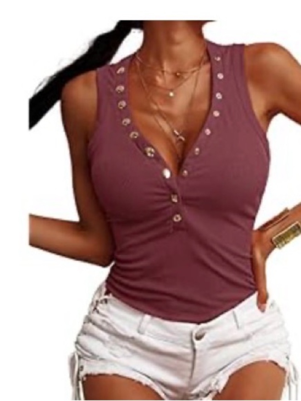 Sleeveless V-Neck Button Tank Top - Mauve